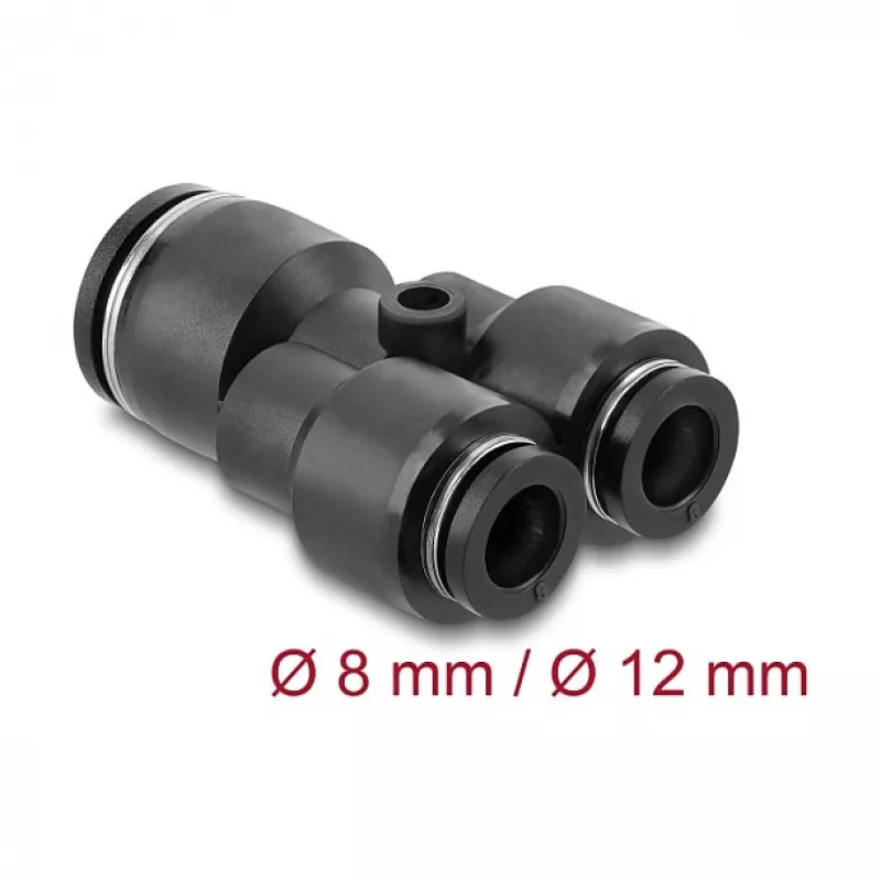 Pneimatiskais Y-savienotājs DELOCK 2×8 mm uz 1×12 mm ar montāžas atveri, metāls/plastmasa, iekšējā vītne, 50,5 mm