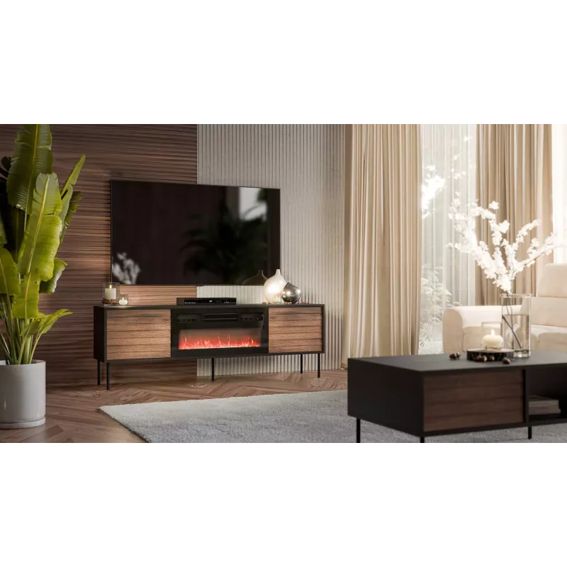 TV skapis cama meble CORTINA 180x40x60 cm melns/riekstkoks ar melnu elektrisko kamīnu