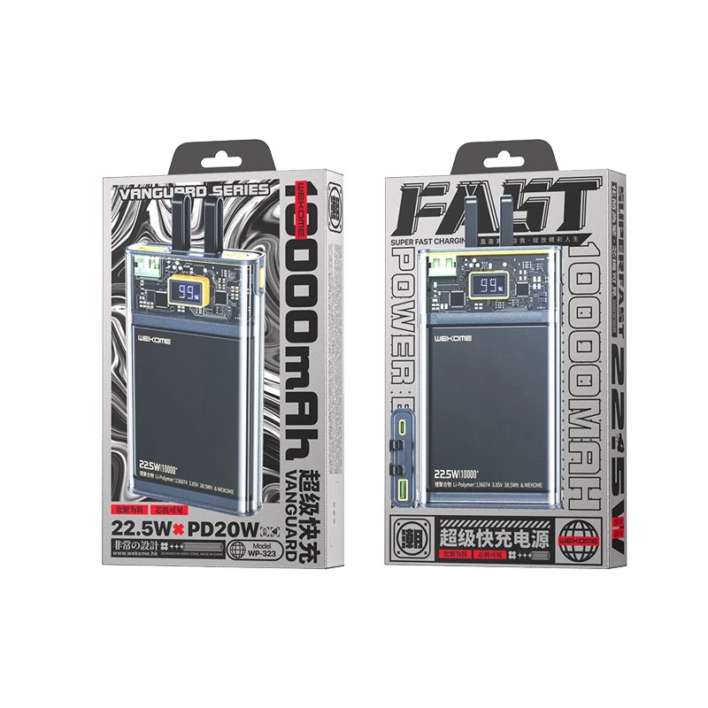 WEKOME WK-WP-323 Vanguard sērijas pārnēsājamais akumulators, 10000 mAh, iebūvēti USB-C un Lightning kabeļi, PD 20 W + QC 22,5 W