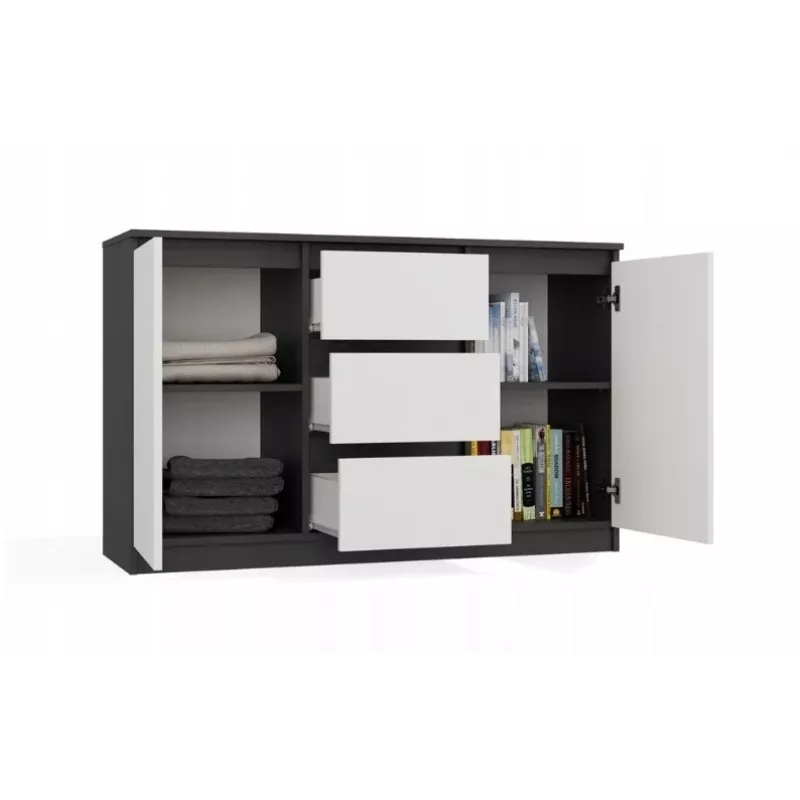 Kumode 2 durvis 3 atvilktnes top e shop M-MP-K-MAL-2D3S-ANTBIA — Antracīta rāmis, Baltas durvis, 1200×750×400 mm
