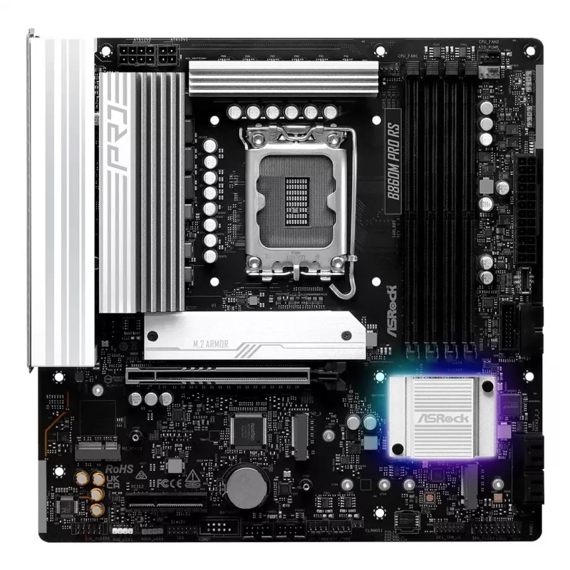 Mātesplate ASROCK B860M Pro RS — Intel B860, LGA 1851, micro ATX, DDR5, 4× DIMM, 2.5Gb LAN, 1×PCIe5 x16