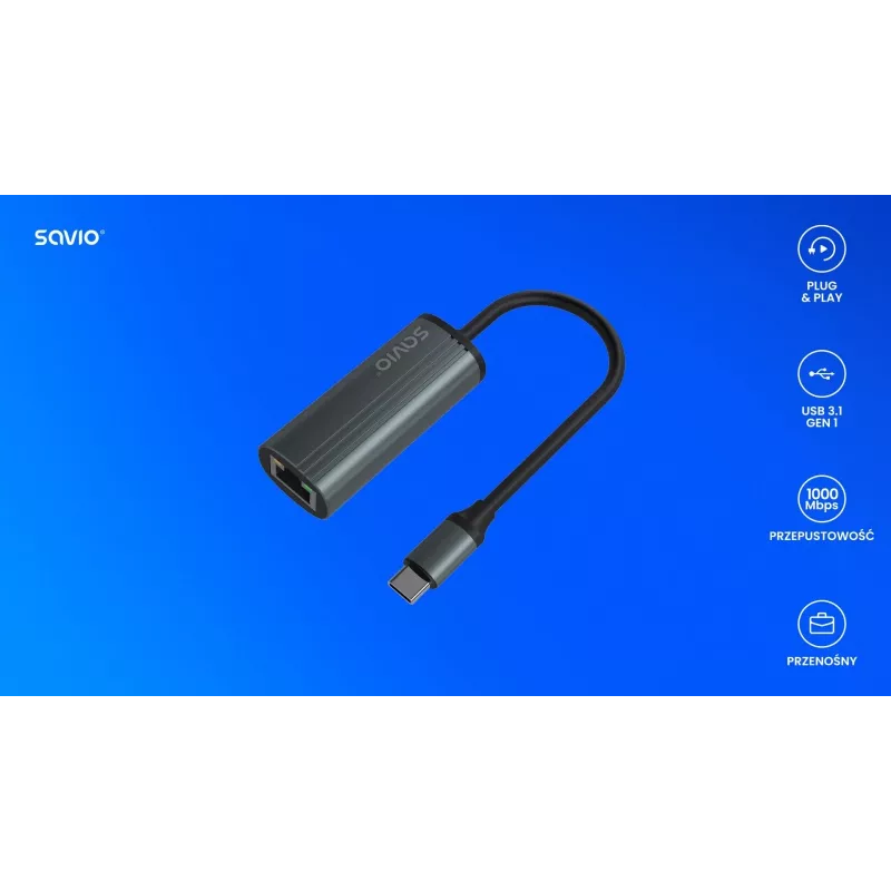 SAVIO Adapter USB-C 3.1 Gen.1 (M) uz RJ-45 Gigabit Ethernet (F), 1000 Mbps, AK-56, pelēks