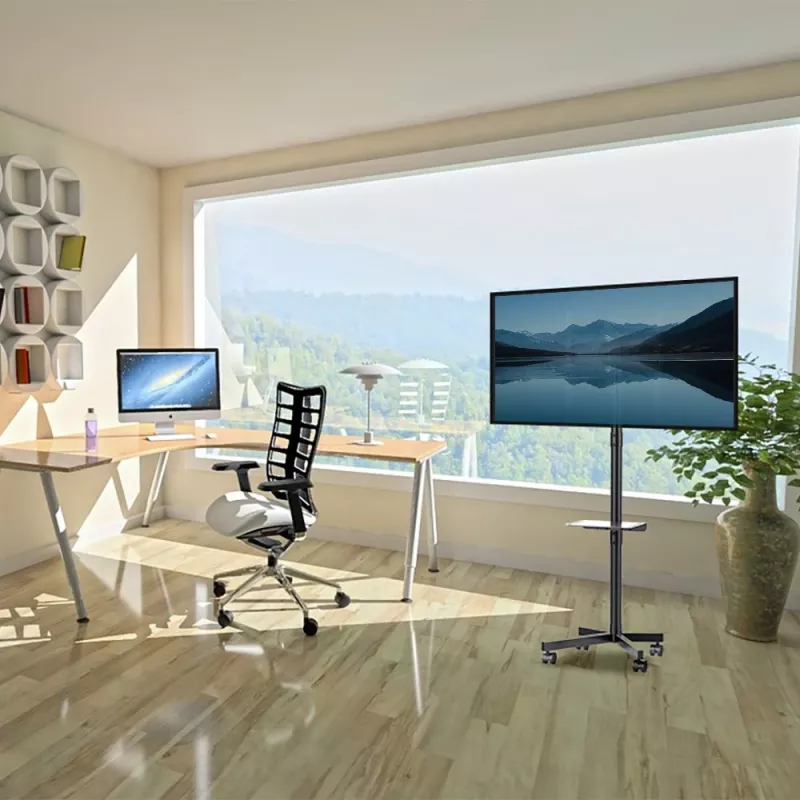 TV ratiņi MACLEAN MC-949 32–55 collu televizoriem, VESA 75×75–400×400 mm, maks. slodze 25 kg, augstums 147–155 cm, uzglabāšanas plaukts, melns