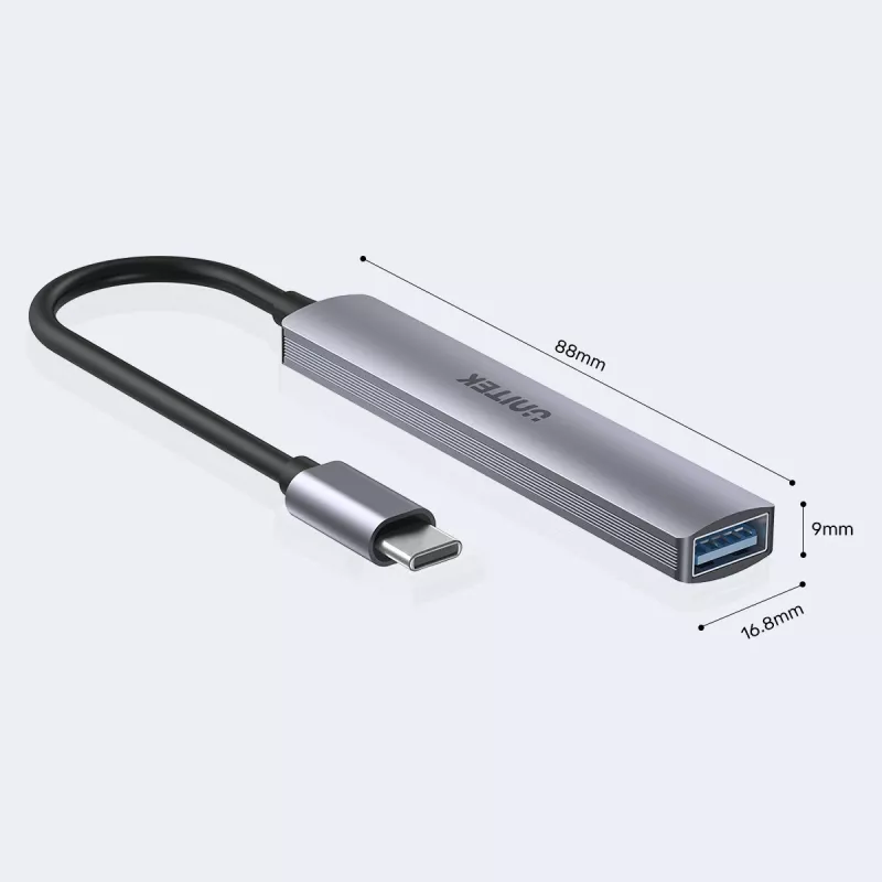 USB-C centrmezgls Unitek H1208B — 1x USB-A 5 Gbps, 3x USB-A 2.0, USB-C saimniekdators, alumīnija korpuss, 0,20 m kabelis
