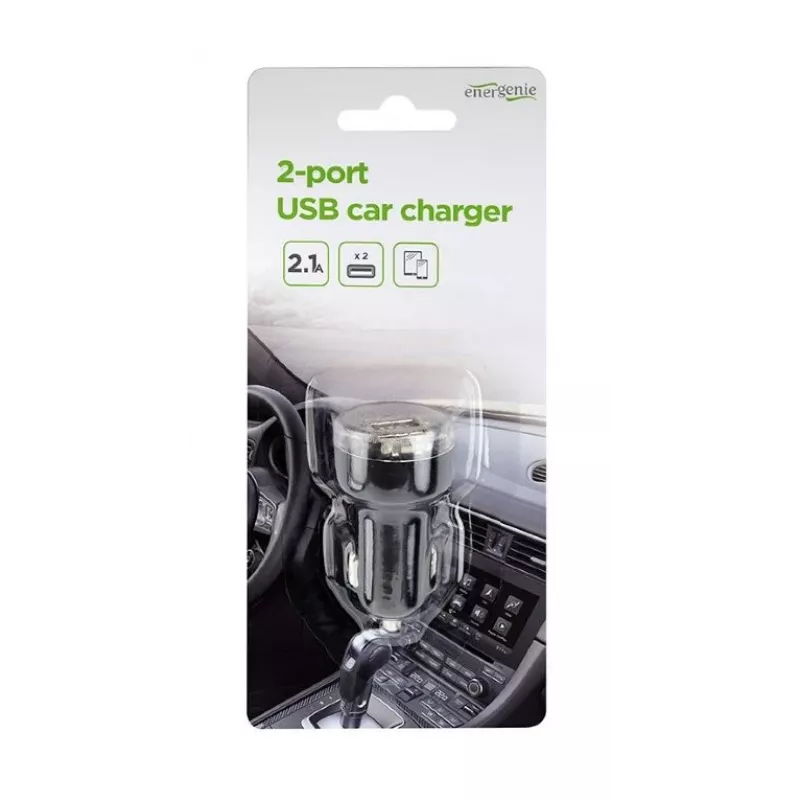 Auto lādētājs Gembird EG-U2C2A-CAR-02, 12–24 V ieeja, 5 V/2,1 A izeja, 2 × USB 2.0, melns