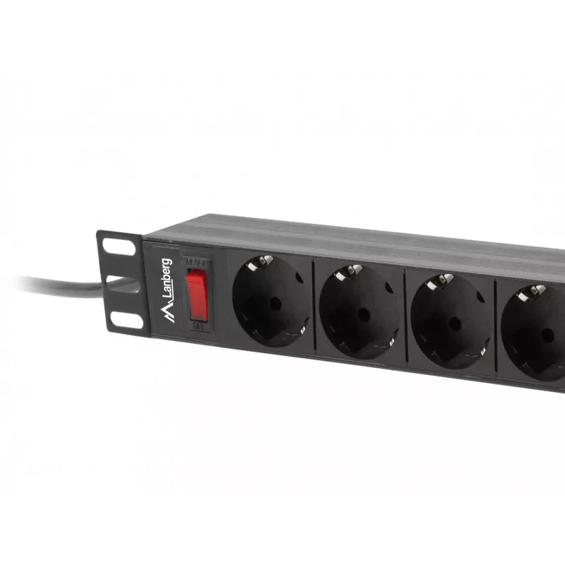 Strāvas sadales bloks LANBERG PDU-09F-0300-BK — 9x Type F rozetes, 3 m kabelis, alumīnija korpuss, 10 A