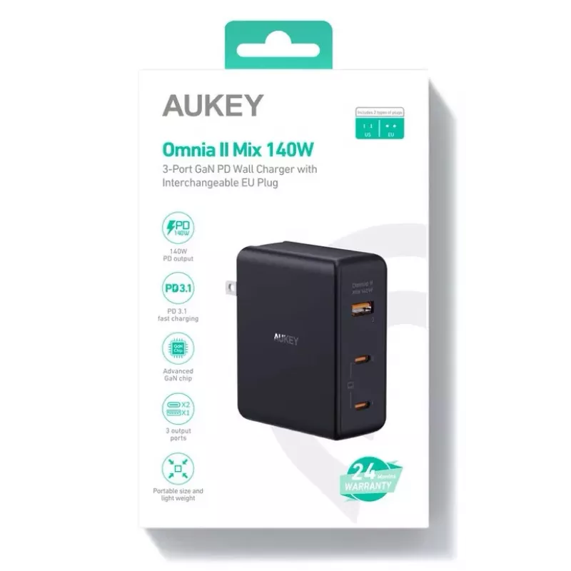 Sienas lādētājs Aukey PA-B7O, 3 × USB, GaN tehnoloģija