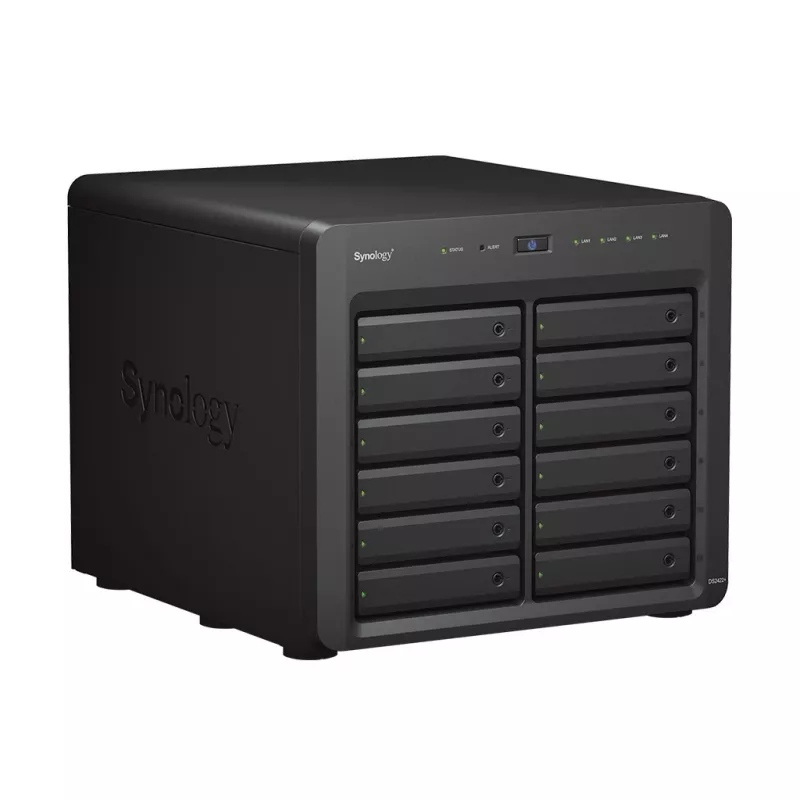 NAS Synology DS2422+; Tornis; 12x (3.5 SATA HDD/2.5 SATA HDD/2.5 SATA SSD); AMD Ryzen V1500B;,4 GB DDR4 (maks. 32GB),4 x 1GbE RJ-45