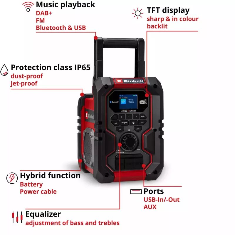 Portatīvais radio EINHELL TE-CR 18 Li DAB+ FM Bluetooth USB, darbināms ar baterijām (saderīgs ar TE-CR 18 Li)