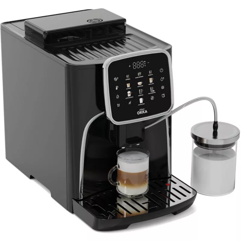 Pilnībā automātiska espresso kafijas automāts Arzum Okka Espresso Pro M melnā/hromētā apdarē ar piena tvertni
