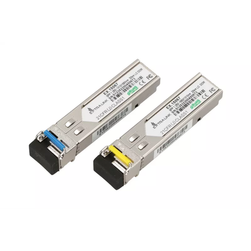 Extralink SFP WDM modulis 1.25G, 1.25Gbps, 1310/1550nm, vienmoda, 20km, LC, DOM, pāris, paredzēts HP/Aruba