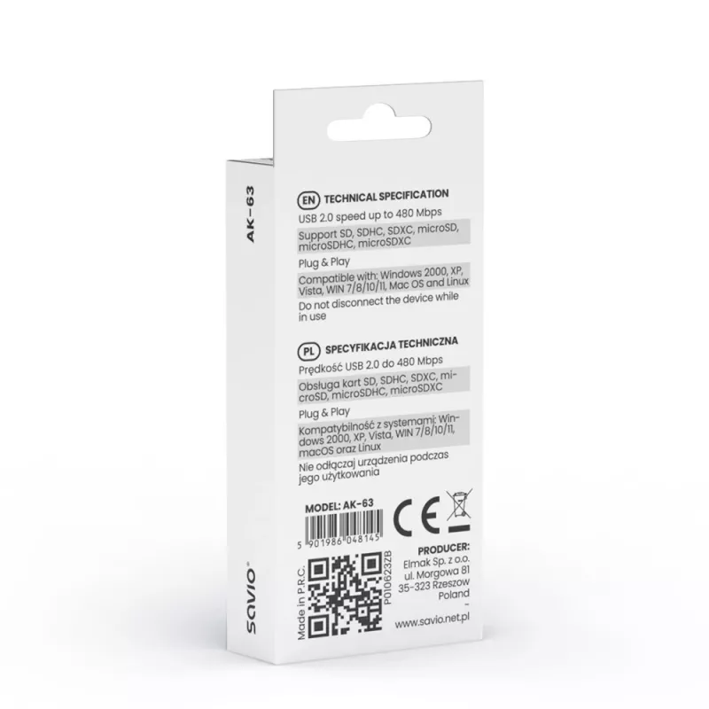 SD karšu lasītājs, USB 2.0, 480 Mb/s, AK-63 Savio SAVAK-63