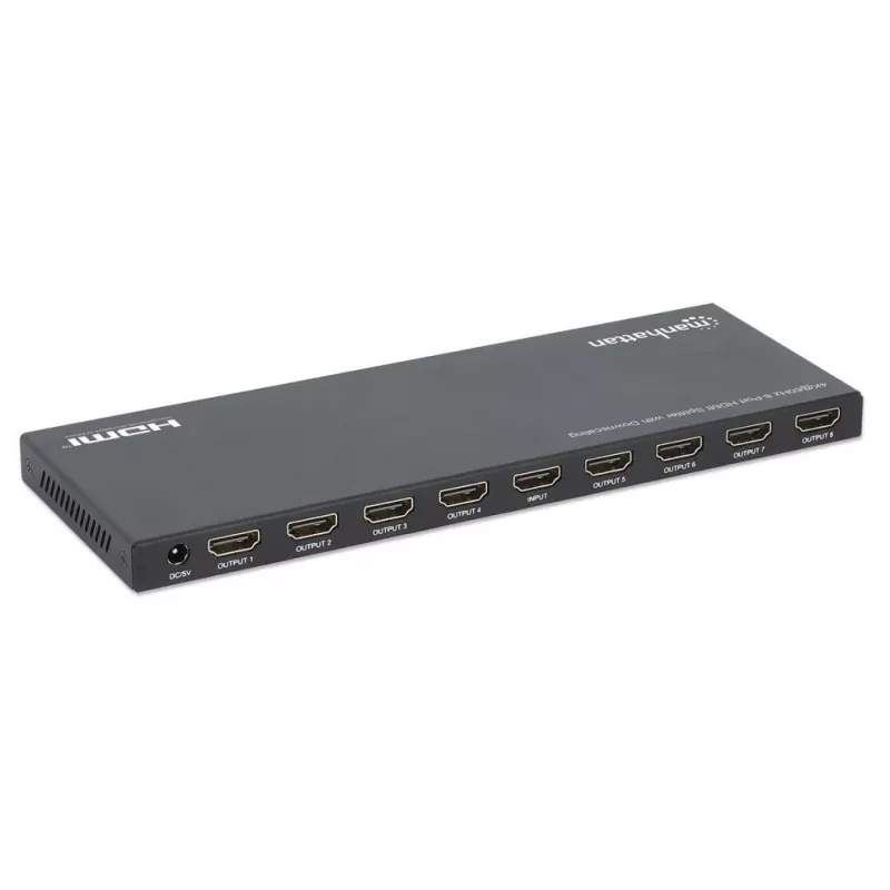 Manhattan 4K@60Hz 8 portu HDMI sadalītājs ar pazeminātu izšķirtspēju, sadala vienu HDMI ieeju astoņās HDMI izejās (1x8), 18G, EDID pārslēgs izšķirtspējas pazemināšanai, melns