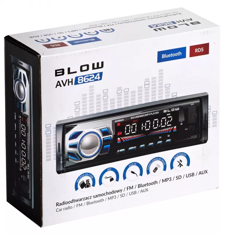 Auto radio BLOW AVH-8624 — FM RDS, 45 W RMS, Bluetooth, USB, MicroSD, AUX, LCD displejs, tālvadības pults, melns
