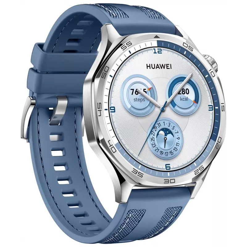 Viedpulkstenis HUAWEI WATCH GT5 46mm — 1,43 collu AMOLED, GPS, 524 mAh, nerūsējošā tērauda korpuss, zila austa siksniņa