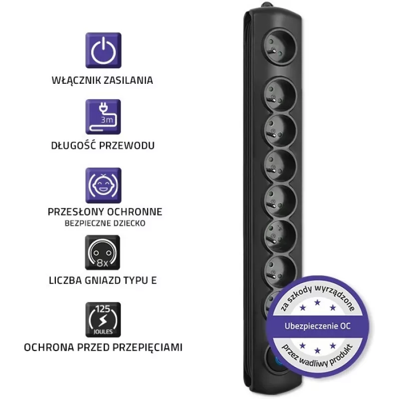 pārsprieguma aizsargs Qoltec 8 kontaktligzdas 3.0m 50114