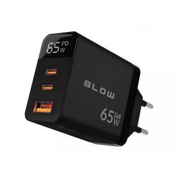 LCD sienas lādētājs USB ligzda + USB-Cx2 PD 65W GAN melns jaudas mērītājs