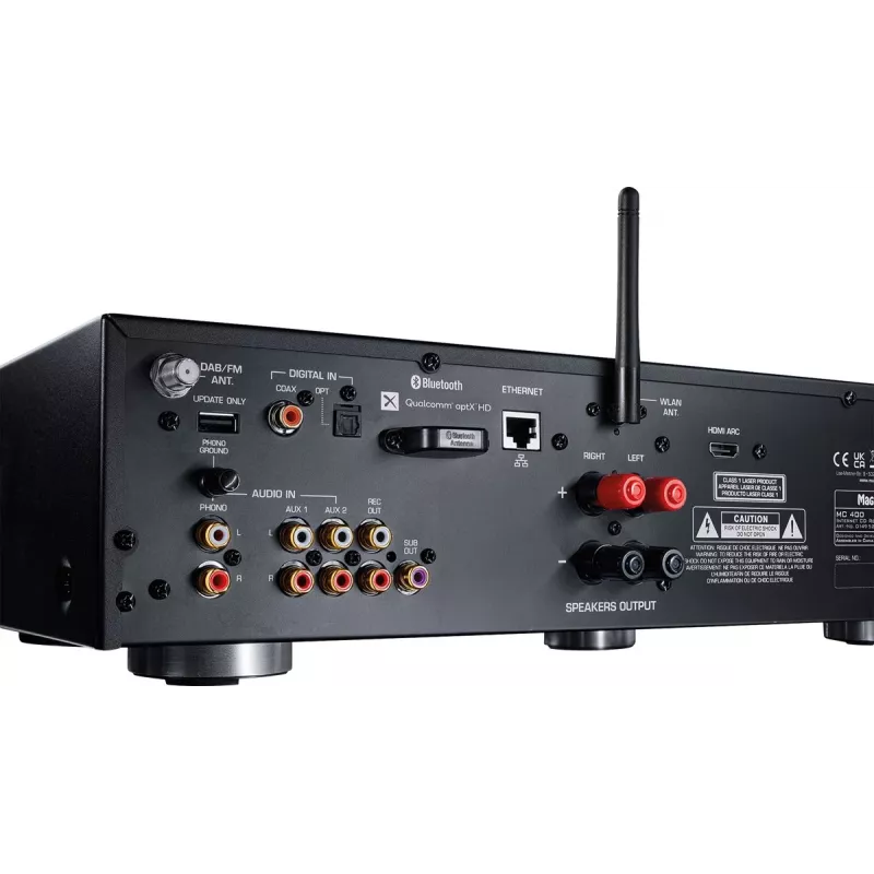 Stereo uztvērējs Magnat MC 400 — 2.0 kanāli, 40 W katrā kanālā, CD atskaņotājs, Wi‑Fi, Bluetooth, DAB/FM, Ethernet (melns)