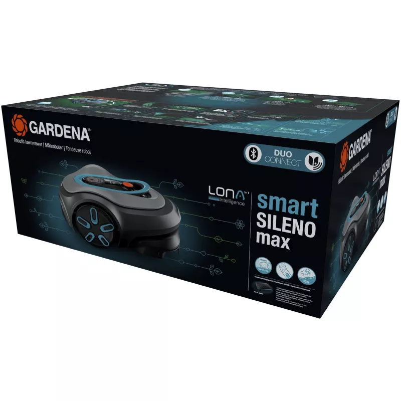 Robotizētais zāles pļāvējs GARDENA smart SILENO max — 1500 m², 16 cm griešanas platums, akumulators, LONA navigācija, pelēks