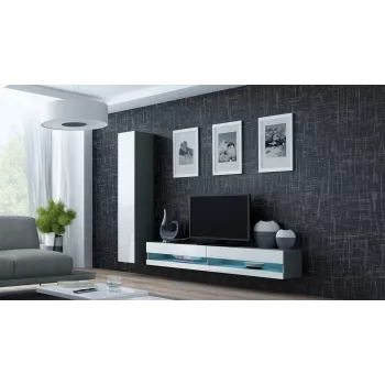 TV skapis Cama Meble VIGO NEW 30/140/40 — 1400×400×300 mm, pelēka virsma, skaidu plātne, pelēks rāmis, baltas spīdīgas durvis