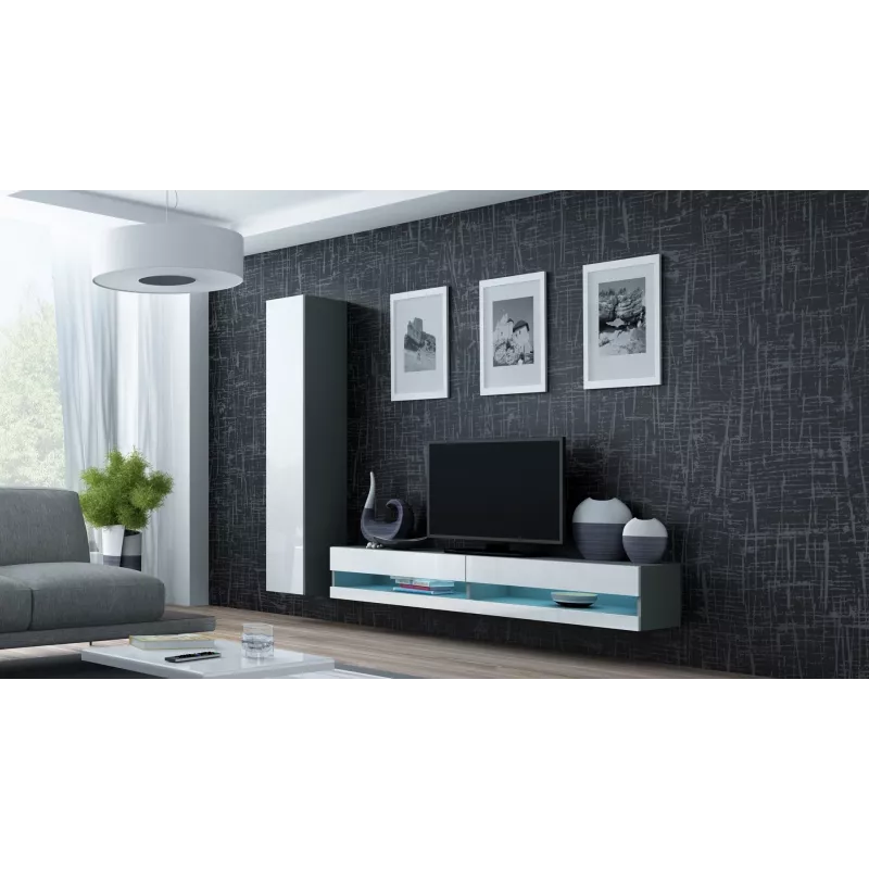 TV skapis Cama Meble VIGO NEW 30/140/40 — 1400×400×300 mm, pelēka virsma, skaidu plātne, pelēks rāmis, baltas spīdīgas durvis
