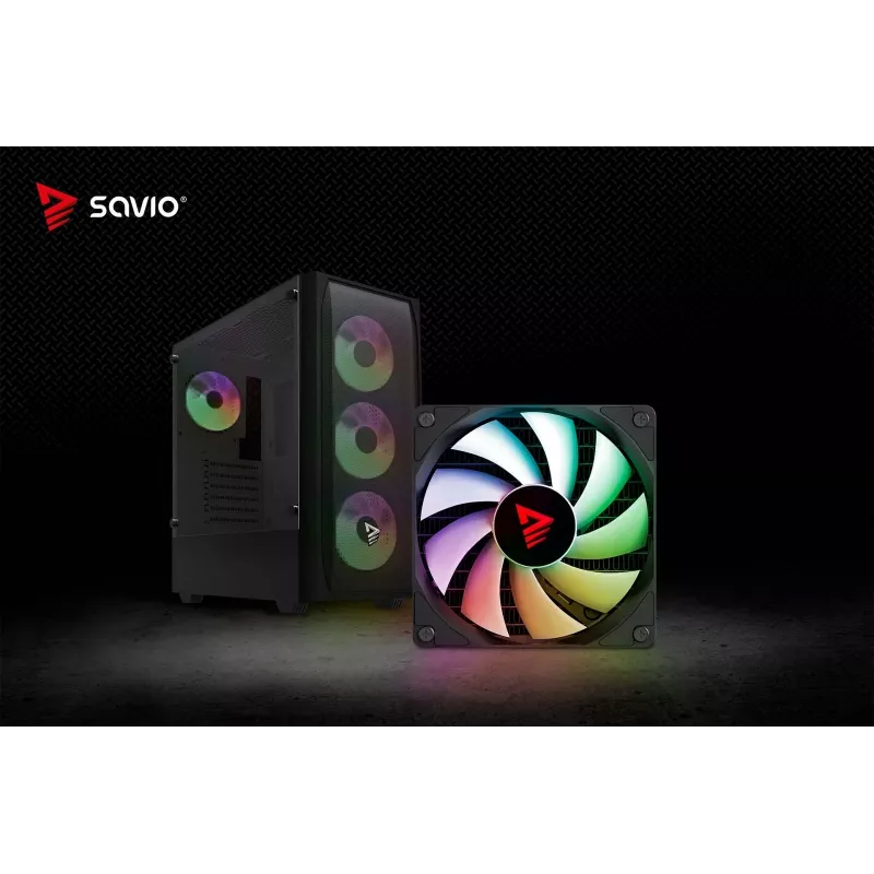 PC korpuss SAVIO Noctis Flow RGB — Cube, ATX/Mini-ITX, 3x 120 mm priekšējie ventilatori, rūdīta stikla sānu panelis, max GPU 35 cm