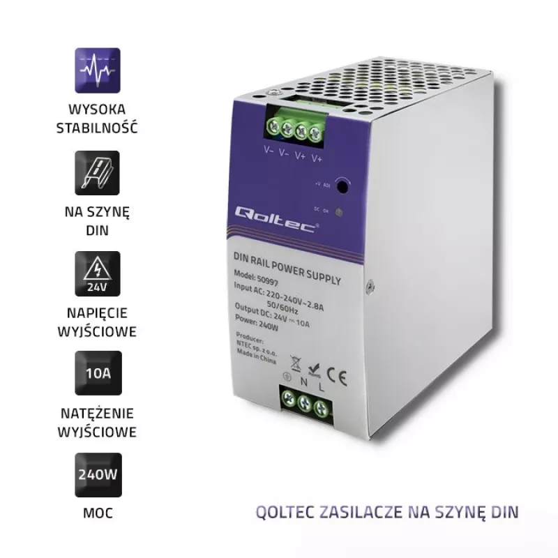 DIN sliedes barošanas avots QOLTEC 50997 240W 24V 10A