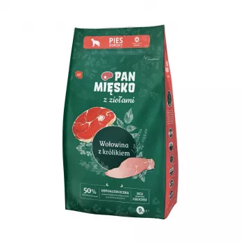 Sausa suņu barība Pan Miesko liellopu gaļa ar trusi un garšaugiem pieaugušiem M, bez graudiem, 9 kg, 30% olbaltumvielu, 20% tauku