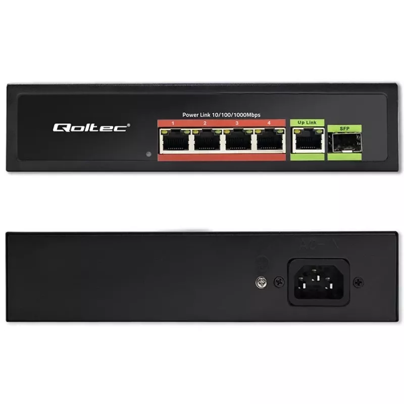 Ethernet PoE komutators QOLTEC 52296 — 4x RJ45 PoE porti, 1x RJ45 uplinks