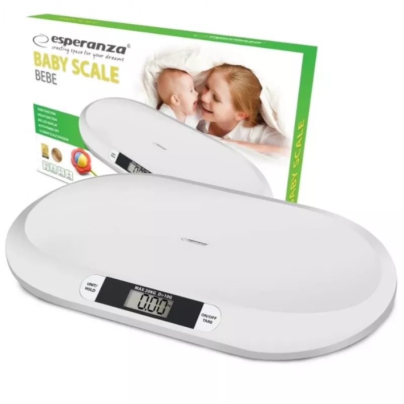 Elektroniskie zīdaiņu svari ESPERANZA EBS019 — ietilpība 0,03–20 kg, iedaļa 0,01 kg, liels 60×25 mm LCD, balts