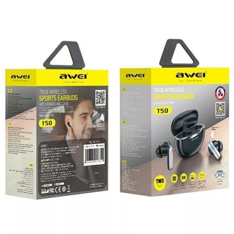 Awei Bluetooth 5.3 T50 TWS austiņas ar uzlādes futrāli / Melna