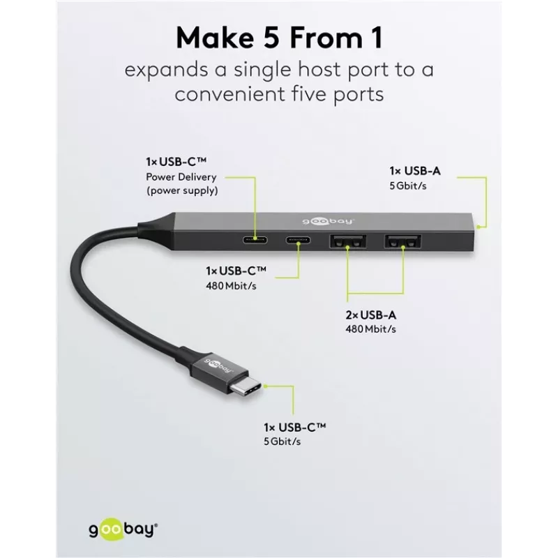 Goobay Slim 5-Portu USB centrmezgls, USB-C™ uz USB-C™/USB-A, USB 3.2 (74460)