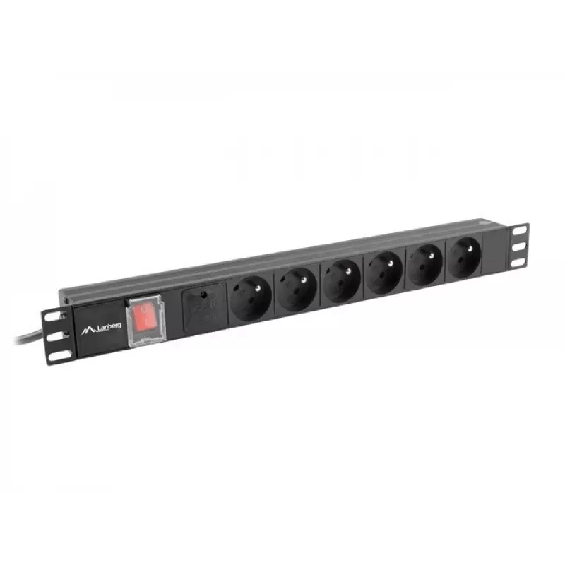 Strāvas sadales bloks LANBERG PDU-06E-0200-BK — 6 x E tipa rozetes, 16 A, 2 m kabelis, 1U statne, 220–250 V