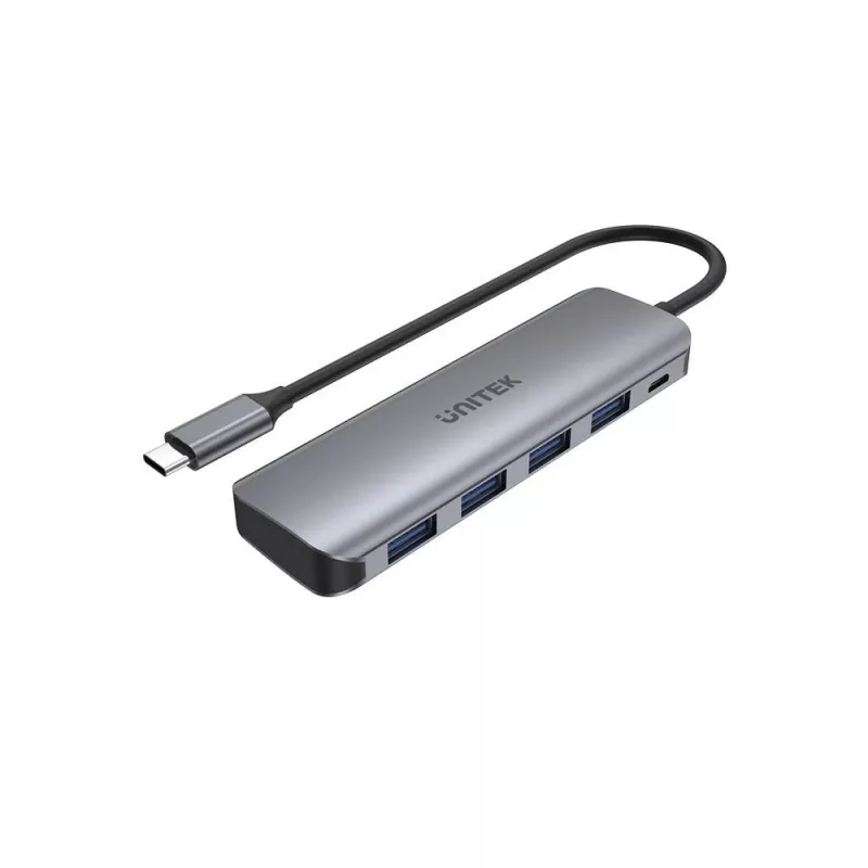 USB centrmezgls Unitek P5+ — 5 porti (4 × USB 3.2 Gen 2 Type-A), USB 3.2 Gen 1 resursdators, 5 Gbit/s, 10 W PD, alumīnijs, pelēks