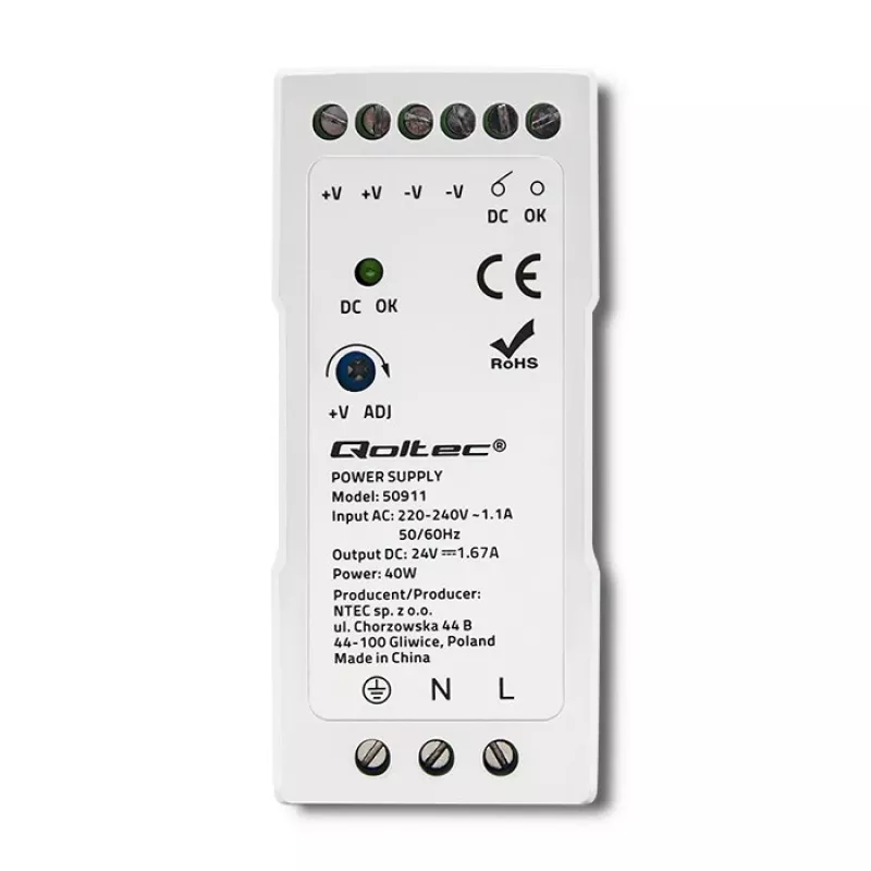 Qoltec Din Rail barošanas bloks | 40W | 24V | 1.67A | Balts | plāns