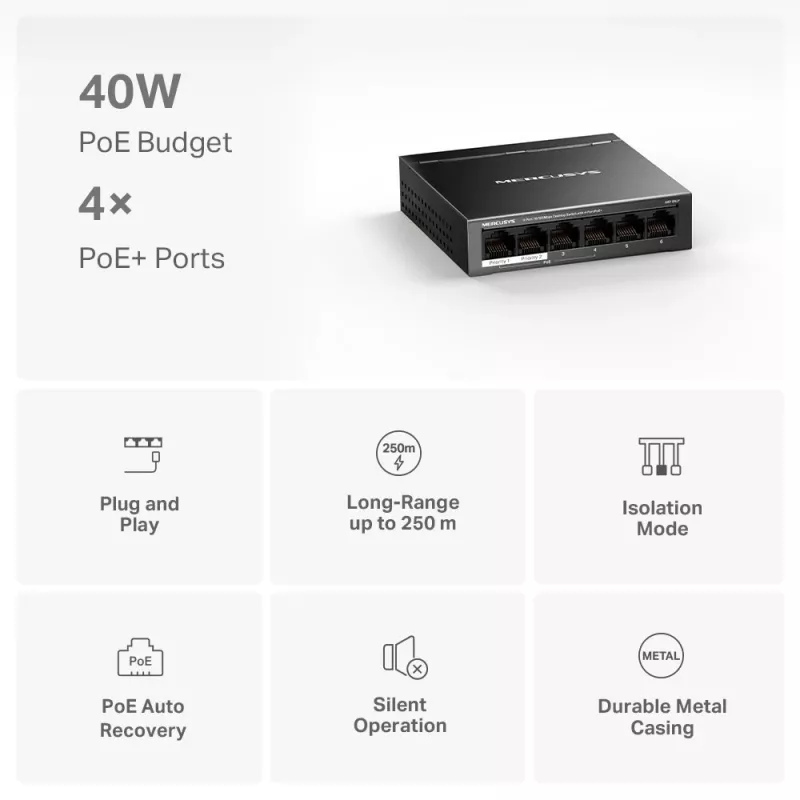Mercusys 6 portu 10/100Mbps galddatora slēdzis ar 4 portu PoE+