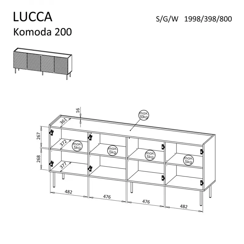 Kumode Cama LUCCA 4D, 200x40x80 cm, balta, kokskaidu plātne, 16 mm rāmis