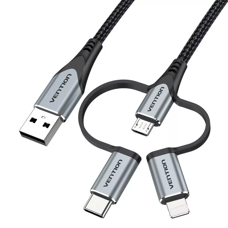 Vention USB 2.0 A vīr. uz 3-in-1 Micro-B&USB-C&Lightning vīr. kabelis 1M pelēks alumīnija sakausējuma tips