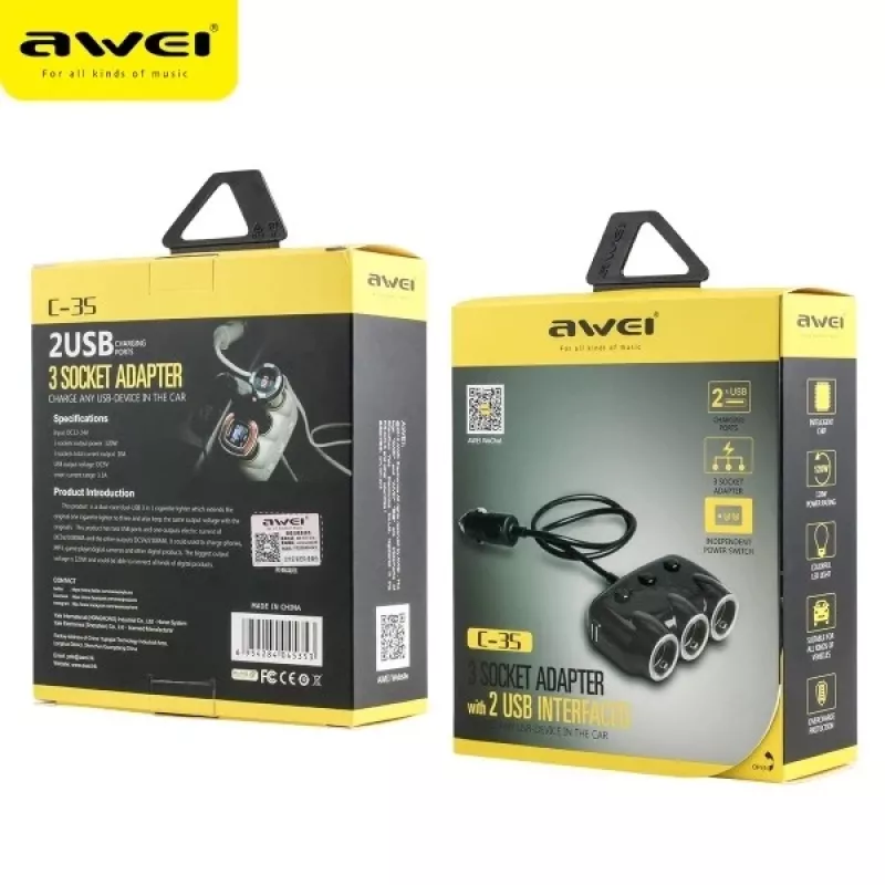 Automašīnas cigarešu pieslēdzēja adapteris Awei C-35 12 V un 24 V strāvas rozetēm