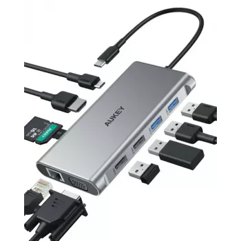 USB-C centrmezgls Aukey CB-C89 10-in-1 ar RJ45 1000Mbps, HDMI 4K, vairāki porti