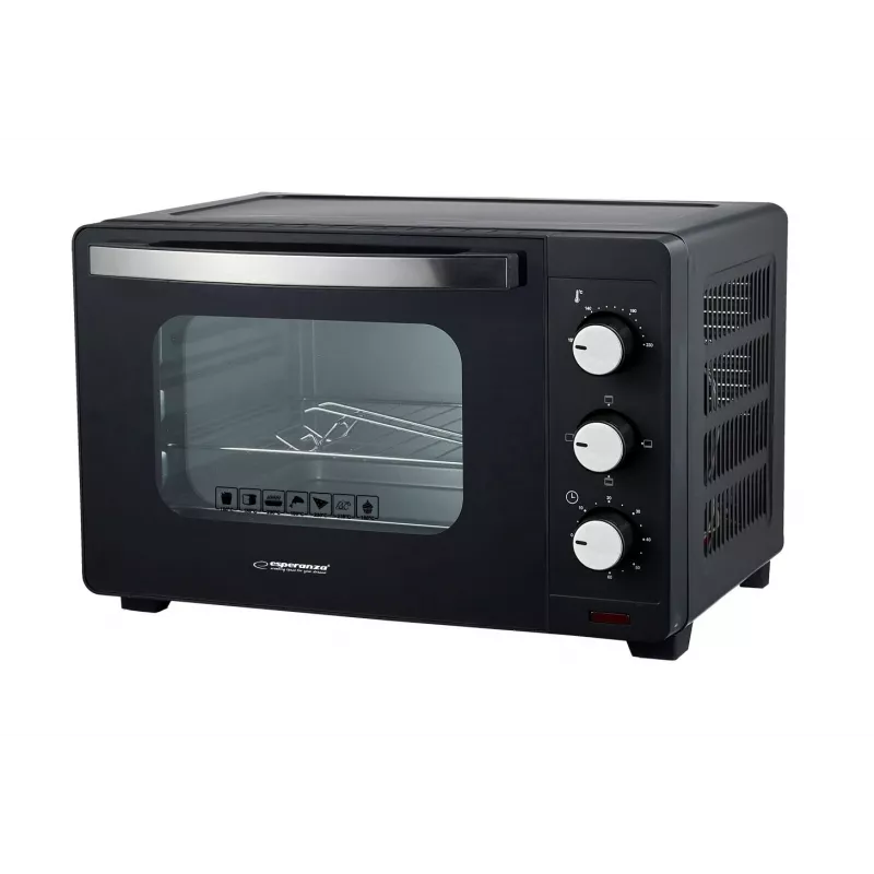 Mini krāsns ESPERANZA EKO008N — 20 L, 1280–1300 W, līdz 230°C, 60 min mehāniskais taimeris, rotācijas vadības pogas, stikla durvis, brīvi stāvoša