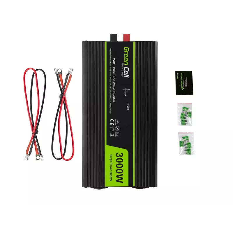 Auto invertors zaļa Cell INV21 6000 W, 24V līdzstrāva-maiņstrāva, 230V izeja, 2x USB PD, aktīvā dzesēšana, noņemami līdzstrāvas savienotāji, melns
