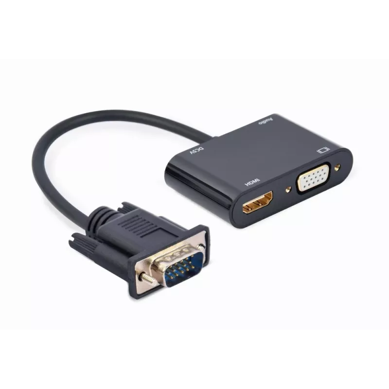 Video kabeļa pārveidotājs GEMBIRD A-VGA-HDMI-02 0,15 m — HDMI + VGA (D-Sub) sievišķā uz VGA (D-Sub) vīrišķo, melns
