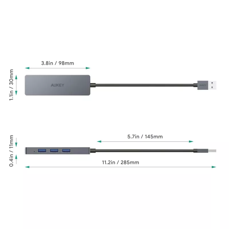 USB centrmezgls Aukey CB-H36 — 4 portu USB 3.2 Gen 1 Type-A, resursdators USB 2.0, 5000 Mbit/s, alumīnijs sudraba krāsā