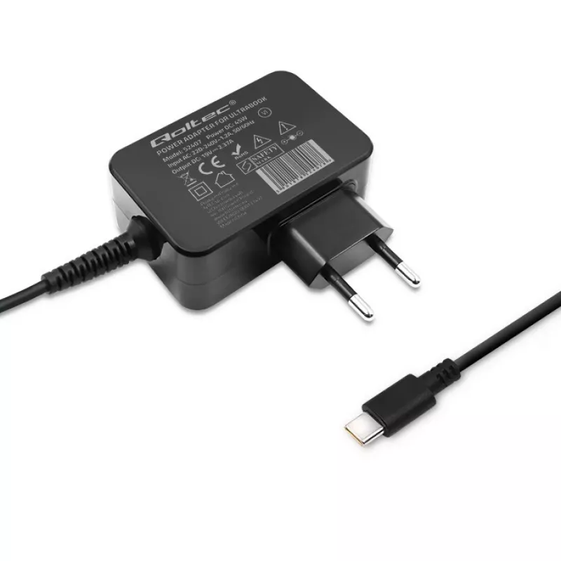 QOLTEC 51024 — Universāls iekštelpu maiņstrāvas lādētājs, 65W PD, 20V/3.25A, 1.2m kabelis, melns
