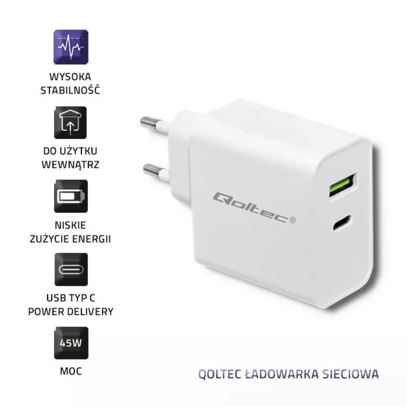 Qoltec 51718 Lādētājs | 45W | 5-20V | 2,4-3A | USB Type-C PD | USB | Balts