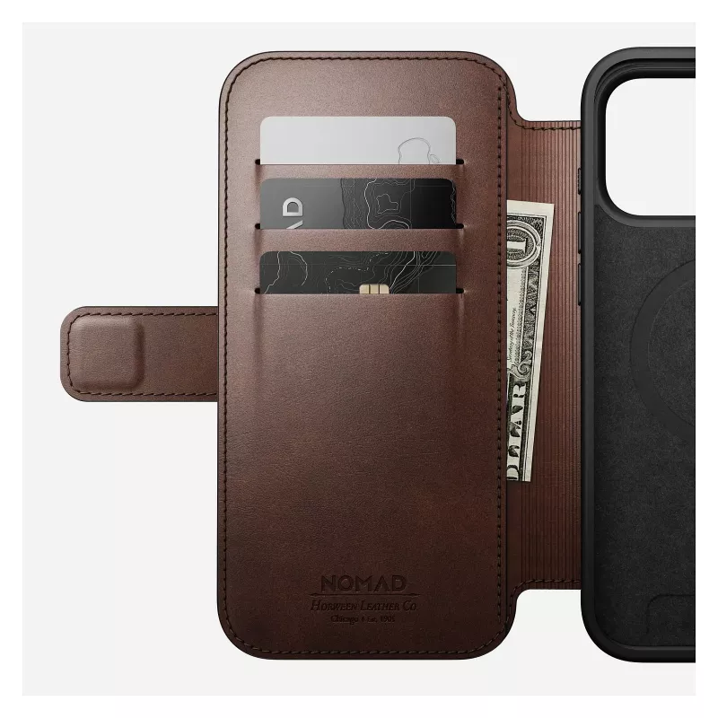 Nomad Modern Leather Folio mobilo tālruņu futrālis iPhone 17 Pro Max — brūna, āda, 6,3 collu ekrāns, 4 karšu kabatiņas