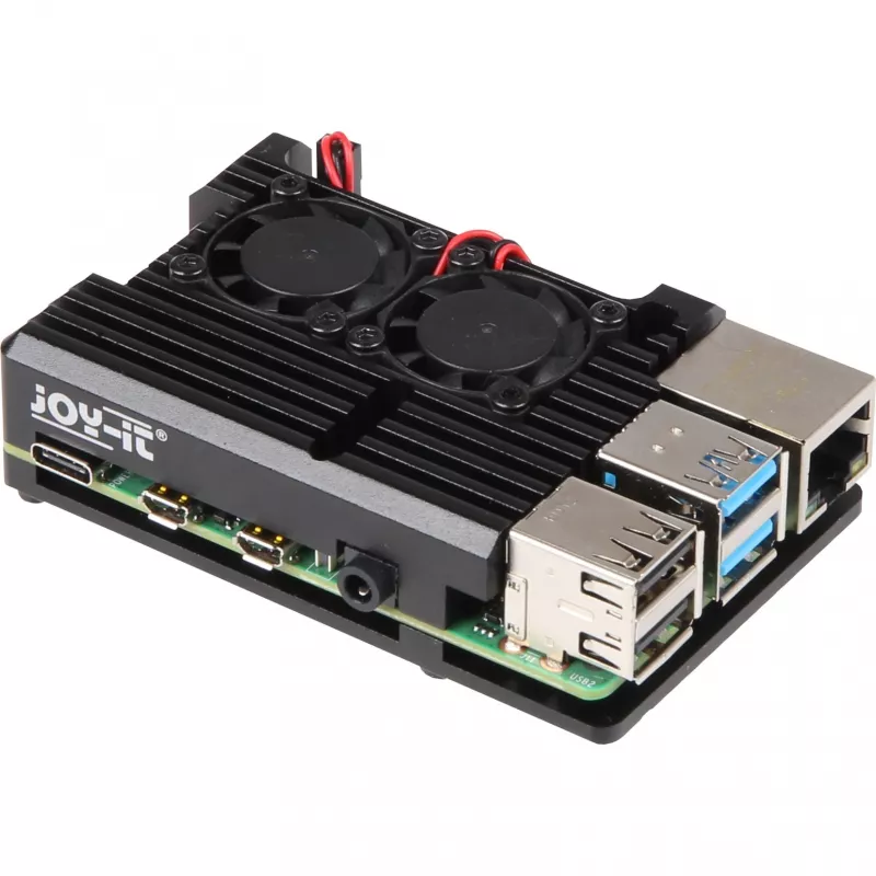JOY-IT RPI CASE ALU07F - Korpuss Raspberry Pi 4, alumīnijs, ventilators, melns (RB-ALUCASEP4+07FAN)