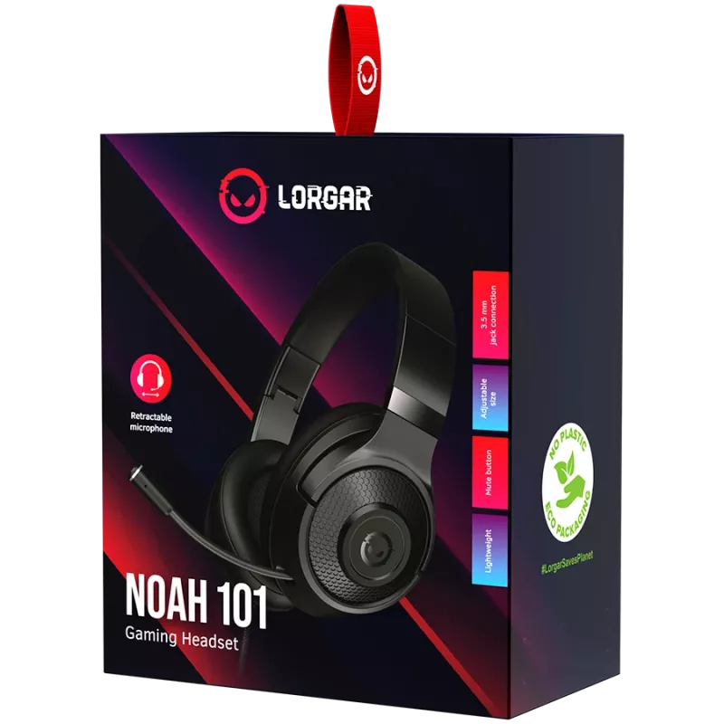 LORGAR Noah 101, Gaming austiņas ar mikrofonu, 3,5 mm ligzdas savienojums, kabeļa garums 2 m, salokāms dizains, PU ādas ausu spilventiņi, izmērs: 185*195*80 mm, 0,245 kg, melns