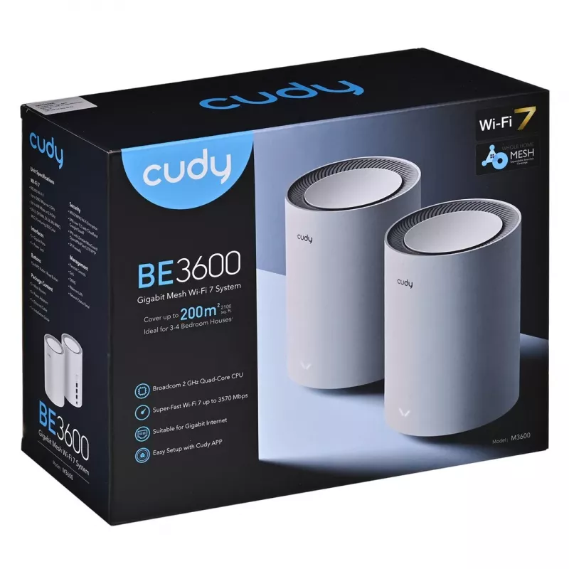 Mesh sistēma Cudy M3600 Divjoslu Wi‑Fi 7 2882 Mbit/s, 2-paka, 4 antenas, 3x LAN, 512 MB RAM, 2 GHz CPU